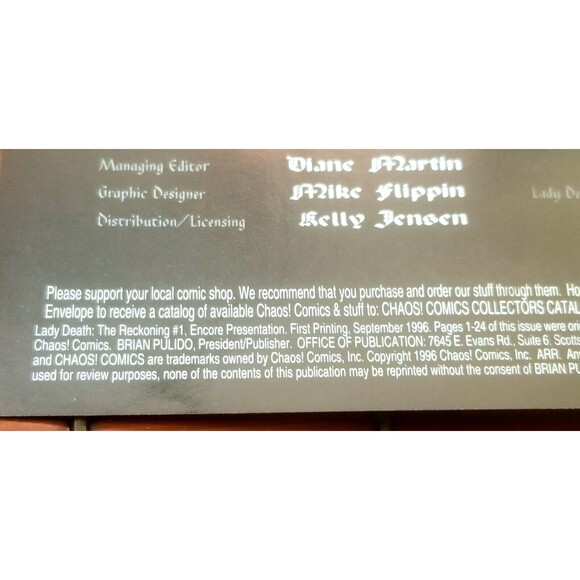 Lady Death The Reckoning #1 Chaos Comics 1996 Encore Presentation Brian Pulido - Picture 2 of 2